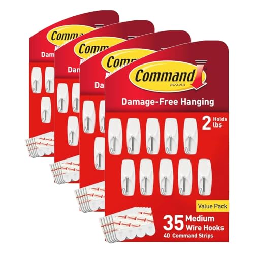 Medium Wire Toggle Hooks, 35 Hooks and 40 Strips, Damage-Free Hanging Wallhooks with Adhesive Strips, No Tools Adhesive for Hanging, Holds up to 2 lb (Pack of 4)