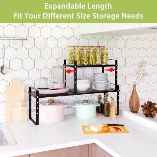 Expandable Cabinet Shelf Organizer Rack, Stackable Kitchen Countertop Organizer Storage Shelves, Adjustable Height Pantry Counter Shelf Riser Spice Rack (Black, 2 Pack) - view 3