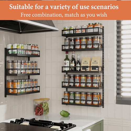 Wall Mount Spice Rack Organizer 5 Tier Height-Adjustable Hanging Spice Shelf Storage for Kitchen Pantry Cabinet, Dual-Use Seasoning Holder Rack with Hooks, Black-Patented - view 3