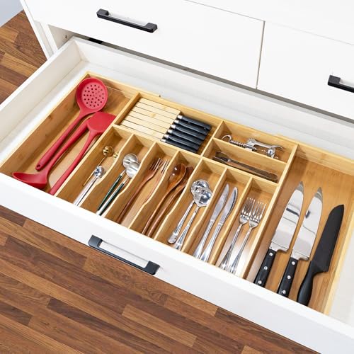Extra Large Kitchen Utensil Holder, Bamboo Silverware Drawer Organizer, Expandable Cutlery Organizer with Knife Block, Multifunctional Drawer Divider (10-12 compartments) - view 6