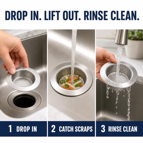 3-Pack Kitchen Sink Strainer - Stainless Steel Drain Filter with Large 4.5" Wide Rim, Anti-Clog Perforated Basket for Standard Sinks - view 7