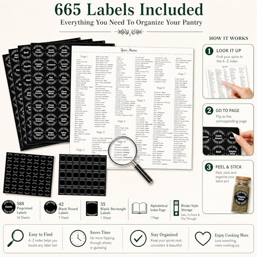 665 Spice Labels Book with A-Z Index, Black Round Pantry Stickers - view 3