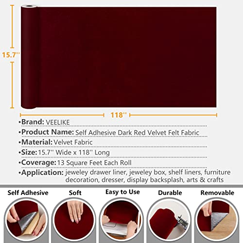 Dark Red Velvet Fabric Wallpaper Self Adhesive Soft Felt Drawer Liners 15.7''x118'' Red Flocking Contact Paper Peel and Stick Velvet Lining for Jewelry Box Cabinets Shelves Walls Arts & Crafts - view 6