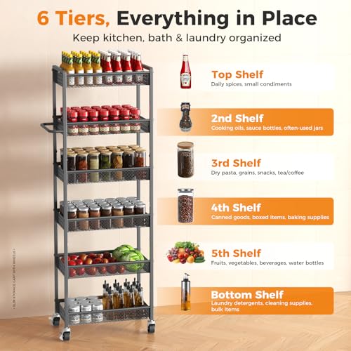 6 Tier Slim Storage Cart with Wheels, 10" D Rolling Storage Cart for Small Space, Metal Narrow Spice Cabinet Mobile Shelving Unit Organizer with Handle for Kitchen, Laundry - Black - view 4