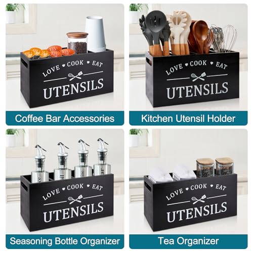 Black Extra Large Wood Cooking Utensil Holder Kitchen Spatula Spoon Holder - view 5