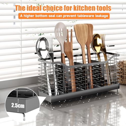 Extra Large Kitchen Utensil Holder Exquisite And Durable Kitchen Utensil Organizer，Knife Fork Spatula Utensils Drainage Rack Basket Accessories With Hooks, Rust Proof，Non-Slip Feet（4compartments） - view 7