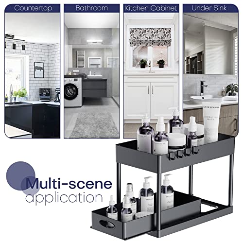 Cucn Under Sink Organizer, 2 Tier Under Sliding Cabinet Basket Organizer Drawer with Hooks, Under Sink Organizers and Storage Under Cabinet Storage for Bathroom Kitchen, Black - view 6