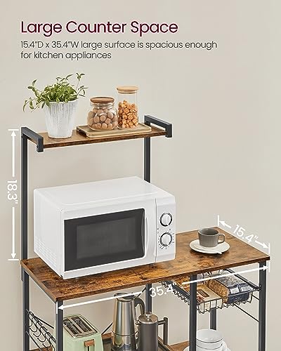 Baker's Rack, 35.4 Inches Microwave Stand with Wire Basket, 6 Hooks - view 3