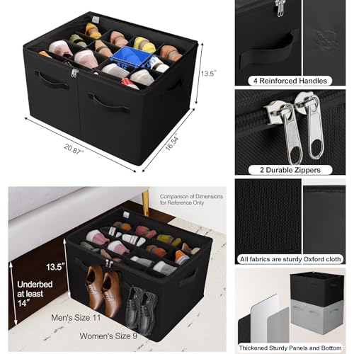 Shoe Organizer for Closet, Foldable Shoe Box with Adjustable Dividers and Clear Cover, Space Saving Shoe Storage Organizer Cabinet with Reinforced Handles, Fits 16 Pairs, Black, TP09B - view 3