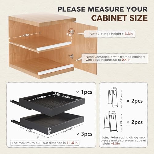4Pack Expandable Pull Out Cabinet Organizer 21"Deep With Raising Pad for Framed Cabinets,Slide Out Drawers with 4pcs Divider Racks,Roll Out Shelves Adhesive,Adjustable Width 12.05"-20.4"Black - view 4