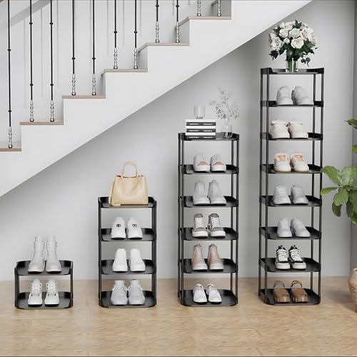 6 Tier Vertical Narrow Shoe Rack, Stackable Tall Skinny Shoerack, Compact Single Shoes Storage Tower for Slim Space, Corner Plastic Shelves, for Hallways, Entryway, Bedrooms Organizer, Black - view 2