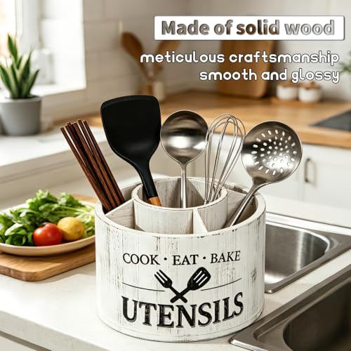Rotating Utensil Holder for Kitchen Countertop, 360° Lazy Susan Wooden Utensil Organizer with 5 Compartments, Solid Wood Cooking Tool Storage Rack, Farmhouse White Kitchen Decor for Spatulas, Spoons - view 7