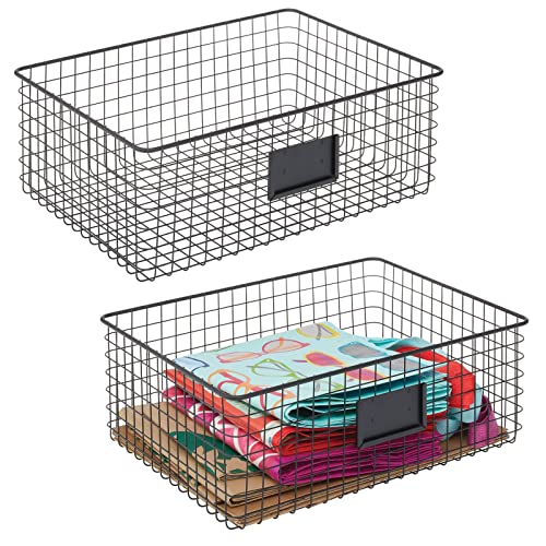 Wide Steel Wired Storage Organizer Bin Baskets with Label Slot for Kitchen Pantry, Cabinet, Organizing Holder for Food, Drinks, Snacks, Produce, Omaha Collection, 2 Pack, Matte Black