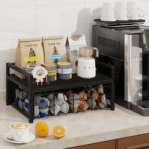 Wood Tea Bag Organizer, Teabag Holder with Drawer, Tea Organizers and Storage Box, 8 Compartments Tea Caddy Station Chests Display Container for Counter Kitchen, Black - view 2