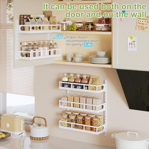Wall Mount Spice Rack Organizer 5 Tier Height-Adjustable Hanging Spice Shelf Storage for Kitchen Pantry Cabinet Door, Dual-Use Seasoning Holder Rack with Hooks, White - view 4