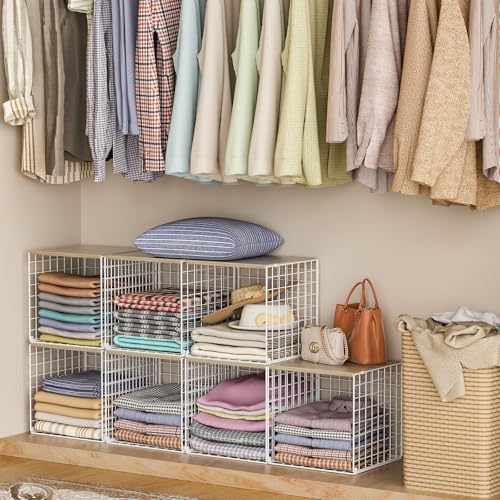 3PCS Stackable Closet Organizers and Storage, Closet Shelves with Wood Top Extra Storage, Clothes Storage Organizer Basket Bin/Cube for Home Wardrobe Organization(White-Sturdy Metal) - view 2