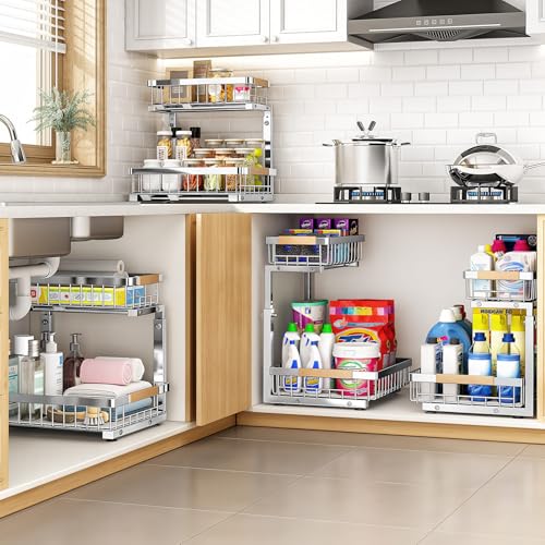 Under Sink Organizer, Adjustable Height, 2 Tier Pull Out Cabinet Organizer, Slide Out Thickened Metal Storage for Kitchen Bathroom Laundry Pantry Cabinet, Stainless Steel, Silver, Large-2-Pack - view 7
