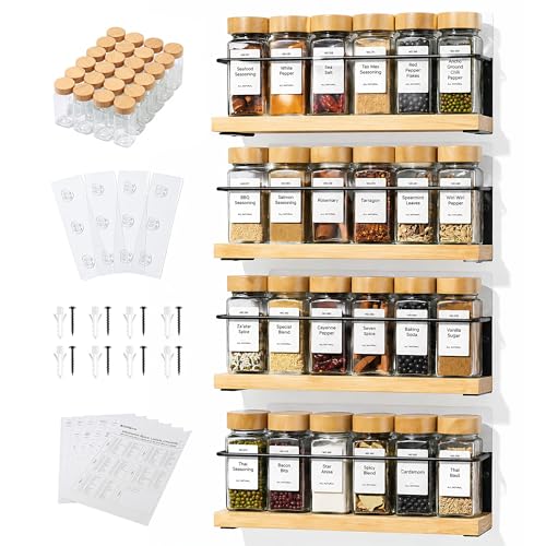 4-Tier Wall Mount Spice Rack Organizer with 24 Glass Jars, 216 Labels & Funnel - Screw/Adhesive Mount, Black Metal & Bamboo Spice Storage for Kitchen Pantry Cabinet, 11.6”W x 2.4”D x 3.2”H