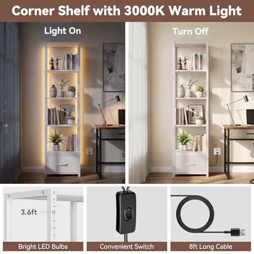 6 Tier 60.6" Tall Bookshelf with Storage and LED Light, White - view 3
