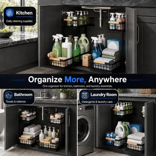 Under Sink Organizer 2 Pack, Double Slide Out Metal Shelf, Black - view 4