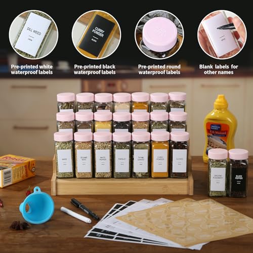 24 Glass Spice Jars with Labels, Spice Jar Set, 4oz Seasoning Containers, Spice Containers with Pink Airtight Lids and Shaker Lids, Square Empty Spice Bottles, 492 Labels, 1 Funnel - view 2
