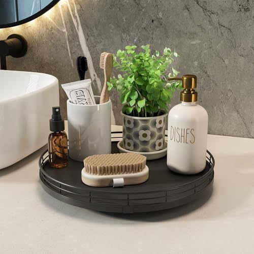 13" Lazy Susan Turntable Organizer for Table Top, Round Wooden Lazy Susan for Cabinet Kitchen Decor Centerpieces Coffee Table, Storage Condiments Spices, Bathroom Vanity Tray for Soap, Black - view 5
