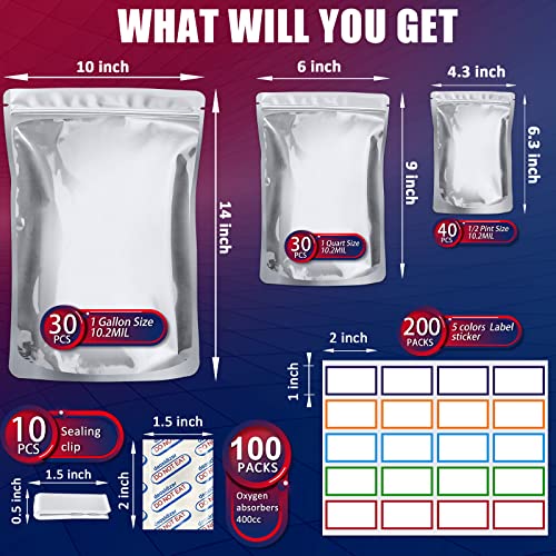 100 Pack 10.2 Mil Mylar Bags for Food Storage with Oxygen Absorbers 400cc - view 2