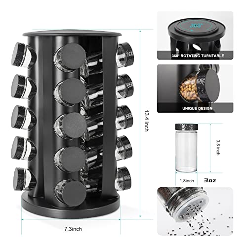 Black Countertop Rotating Spice Rack, Round Empty 20-Jars Revolving Spice Rack Organizer, 135 Spice Labels with Funnel Complete Set, for Kitchen Countertop, Cabinet - view 2