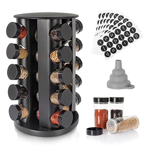 Black Countertop Rotating Spice Rack, Round Empty 20-Jars Revolving Spice Rack Organizer, 135 Spice Labels with Funnel Complete Set, for Kitchen Countertop, Cabinet