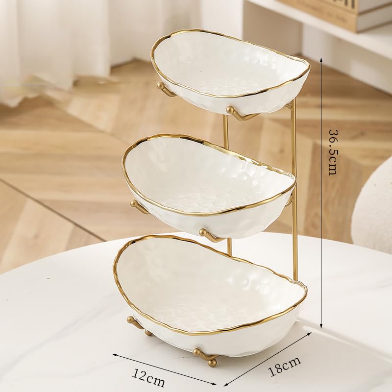 White Fruit Bowl with Gold Metal Stand, 3 Tier Modern Ceramic Fruit Bowl Fruit Rack for Kitchen Counter, Tiered Fruit Basket for Snacks Bread Candy Storage (White,3 Tier) - view 2