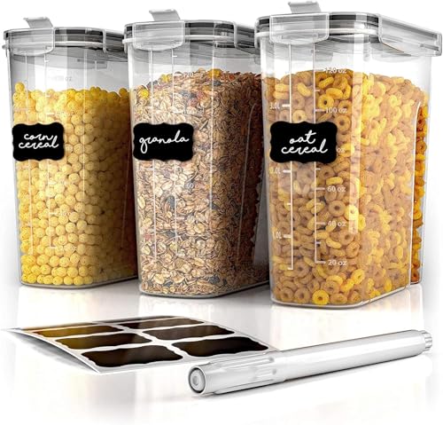 Airtight Cereal Containers with Lids – 3 Piece Tall Kitchen Pantry Organization Set, BPA-Free Clear Plastic, Pour Spout Lids for Breakfast Cereal, Rice, Flour, Sugar, Snacks