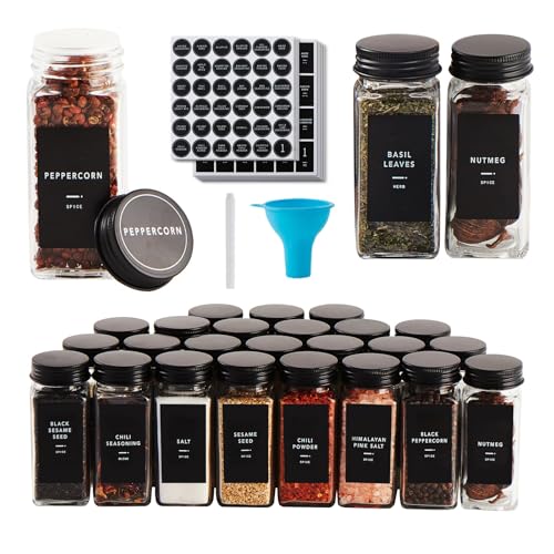 36 Glass Spice jars with label, 4oz Seasoning jars with Black Metal Lids