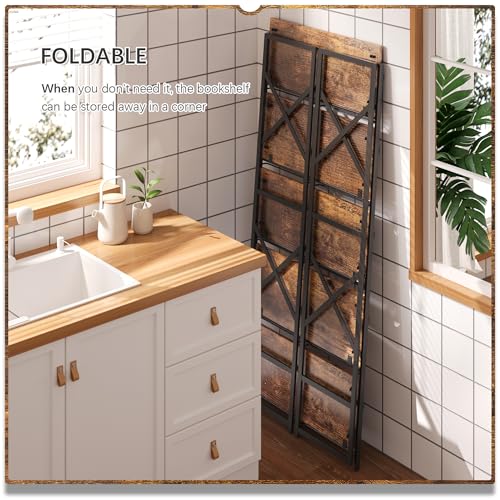 5 Tiers No Assembly Book Shelves, 51.2" H Folding Bookshelf Bookcase Open Industrial Foldable Shelves for Bedroom, Living Room, Home Office - Rustic Brown Black - view 4