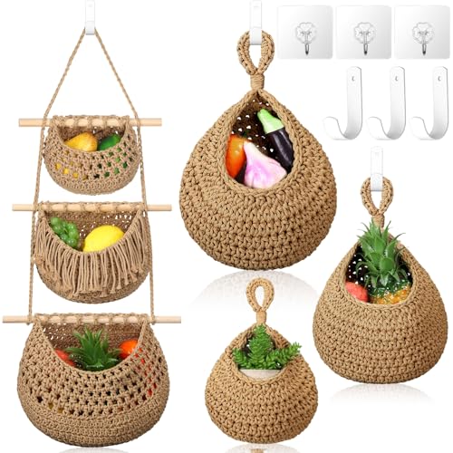 4 Pcs Small Hanging Fruit Baskets for Kitchen, Compact Boho Wall Organizer with 1 Three Tier Basket and 3 Teardrop Baskets with Hooks, Cotton Rope Storage for Garlic Onion Small Fruits(Brown)