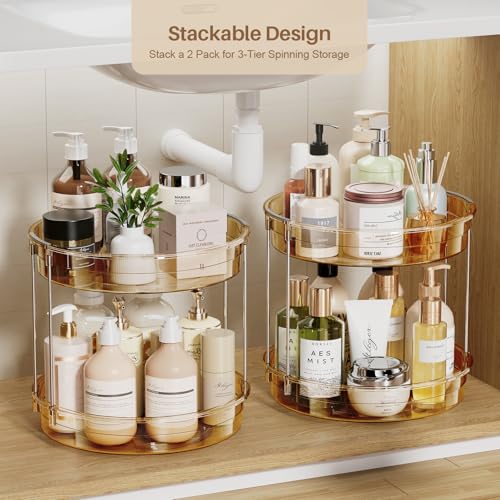 2 Pack 2 Tier Lazy Susan Turntable Organizer 12'' Rotating Spice Rack Organization for Cabinet, Kitchen, Pantry, Countertop, Bathroom, Vanity, Medicine Cabinet Organizer, Amber - view 3