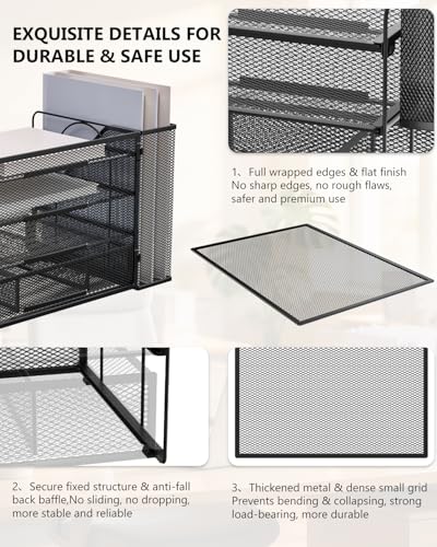 Desk File Organizer, 4 Tier Desktop Paper Letter Tray Organizer with Drawer and 2 Pen Holders, Office Desk Accessories & Workspace Organizers for Office, Home Supplies(DO005DH-B), 1 Pack, Black - view 5