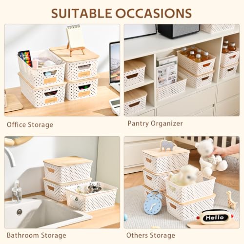 8 Pack Plastic Storage Bins with Bamboo Lids - Stackable Storage Baskets with Handle for Pantry Organizer and Storage, Plastic Containers Bins Lidded Storage Bins for Classroom Office Shelves - view 2