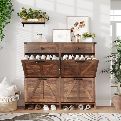 Shoe Cabinet with 4 Flip Drawers & 2 Drawers,Farmhouse Shoe Storage Cabinet for Entryway,Slim Freestanding Organizer Rack for Front Door Entrance,Dark Walnut - view 5