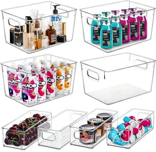 Clear Storage Bins 8 Pack for Pantry Organizers, 4 Large Plastic Pantry Organizer Bins and 4 Small Stackable Storage Containers for Kitchen Cabinet, Home Edit, Freezer Fridge Organizer