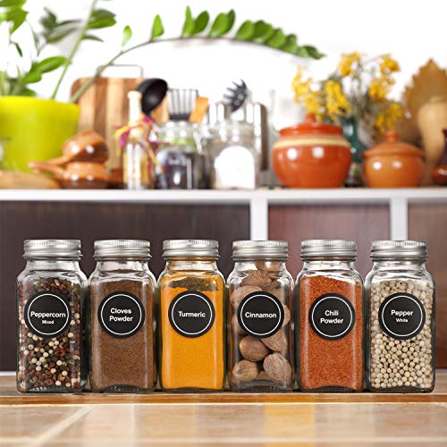 14 Pcs Glass Spice Jars with Spice Labels - 4oz Empty Square Spice Bottles - Shaker Lids and Airtight Metal Caps - Chalk Marker and Silicone Collapsible Funnel Included - view 6