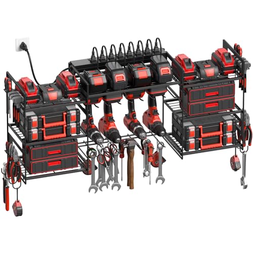 Black Power Tool Organizer Wall Mount, Large Tools and Battery Storage Rack Charging Station Individual Switches. Drills Holder, Garage Utility Shelves with 6FT Power Strip. Gift for Men.
