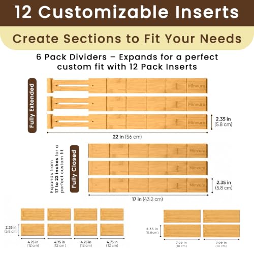 6 Pack Bamboo Drawer Dividers with 12 Inserts, Adjustable 17–22 Inch Expandable Drawer Organizer for Kitchen, Dresser & Closet, Bamboo Kitchen Drawer Organizer, Drawer Divider Set - view 2