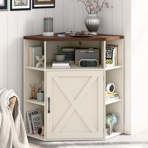 Corner Cabinet, Farmhouse Corner Storage Shelf, Off White