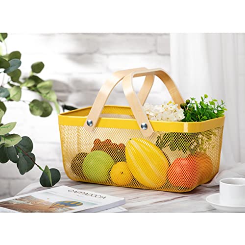 Mesh Steel Storage Organizer Basket Fruit Basket Bin with Wood Handle Ideal for Kitchen Bathroom Picnic Baskets Pantry Cabinets Storage Home Decor (Lemon Yellow) - view 3
