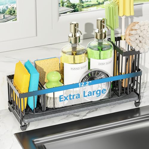 12.2in Larger Sink Caddy Organizer with Drying Stone,Sponge Holder for Sink