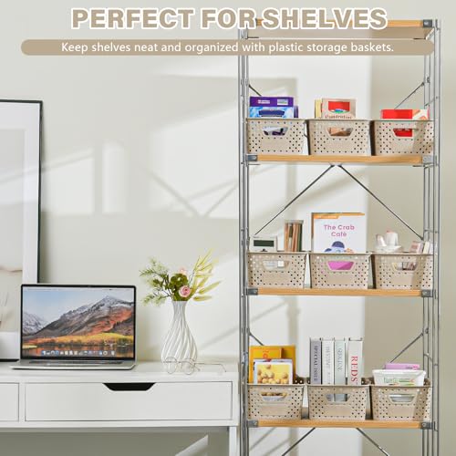 12 Pack Plastic Storage Baskets for Organizing, Storage Baskets for Shelves with Handles, Small Storage Bins with Labels, Classroom Storage Organization for Cabinet,Closet, Office,Natural - view 3