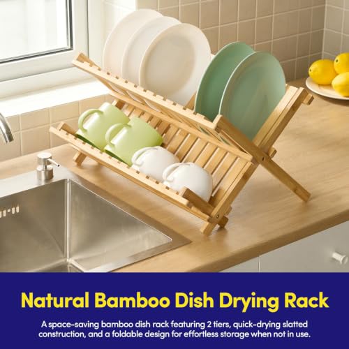 Dish Drying Rack, 2 Tier Bamboo Drying Rack, Freestanding Collapsible Countertop Dish Drainer, Folds Flat for Compact Storage, Eco-Friendly Natural Bamboo, 17.72" x 11.1" x 9.45" Open, Ideal for - view 2
