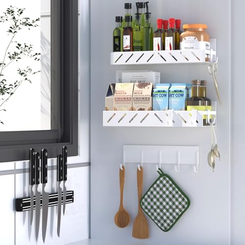Magnetic Spice Rack for Refrigerator,4 Pack Metal Magnetic Shelf White with Hooks,Magnetic Knife Rack & 4 Hooks,Heavy Duty Space Saving Storage for Spices,Hollowed-out