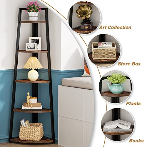 5 Tier Corner Bookshelf and Bookcase, 70 inch Tall Corner Shelves Standing Shelving Unit Indoor Plant Stand for Living Room, Kitchen, Home Office (Brown) - view 6