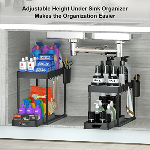 Under Sink Shelf Kitchen Organiser 2-Tier Drawer Organiser Liftable Cabinet Organiser Kitchen with 4 Hooks, 8 Non-Slip Pads & 1 Hanging Cup Storage (2 Pack, Black) - view 2